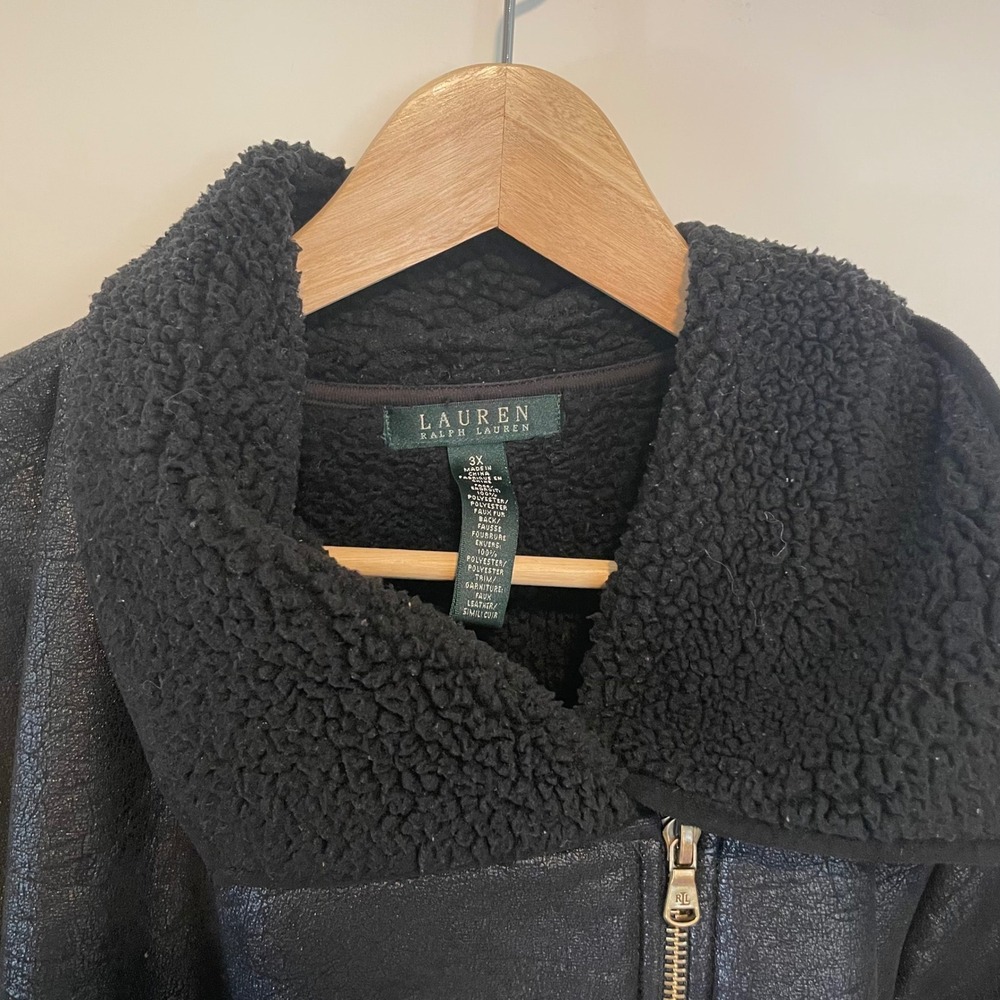 Lauren Ralph Lauren Black Faux Shearling Moto Jacket Plus Size 3X Faux Leather - Picture 4 of 6